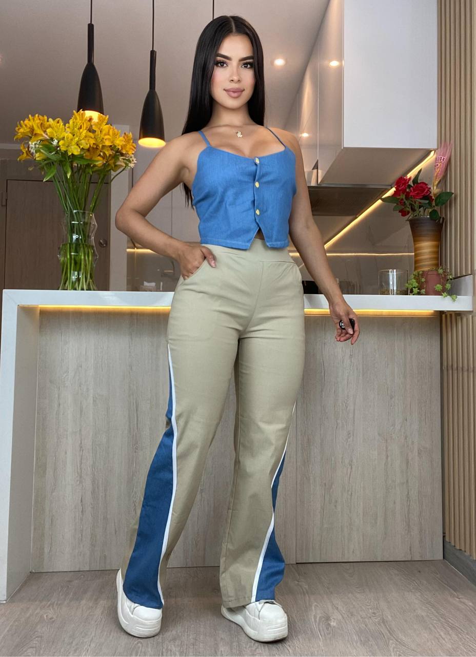 Set Dama 2 Piezas Casual & Elegante – Outfit Moderno con Top en Denim y Pantalón Bicolor
