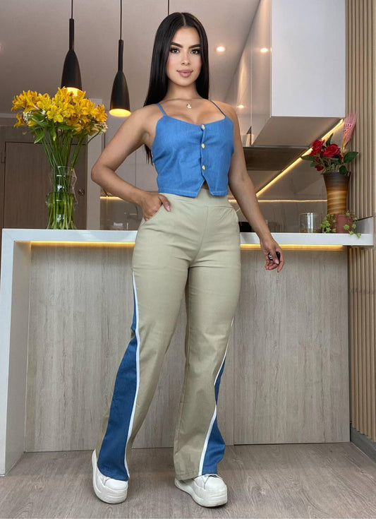 Set Dama 2 Piezas Casual & Elegante – Outfit Moderno con Top en Denim y Pantalón Bicolor